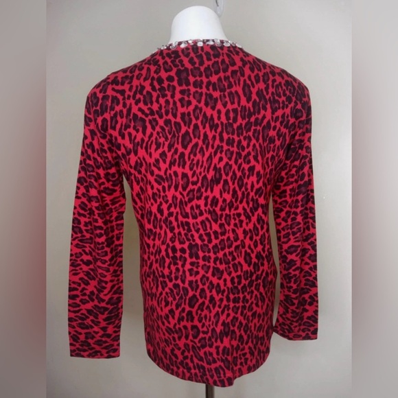 Quacker Factory Red Leopard Print Cardigan XXS Jeweled Trim - Picture 6 of 11